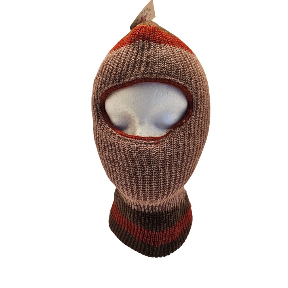 Vintage Fat Hat The Warm One Balaclava Ski Mask Brown Rust Striped Made in USA